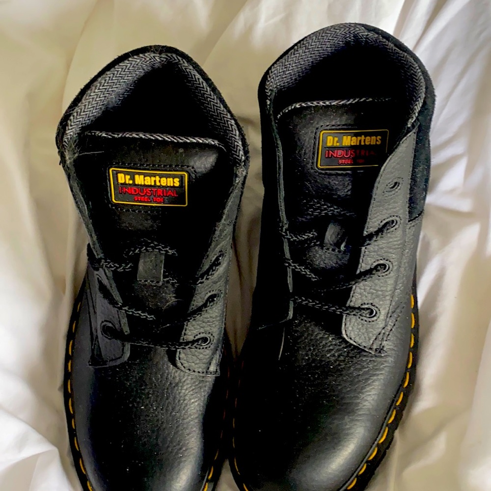 Black marbled leather Dr. Martens steel toe boots